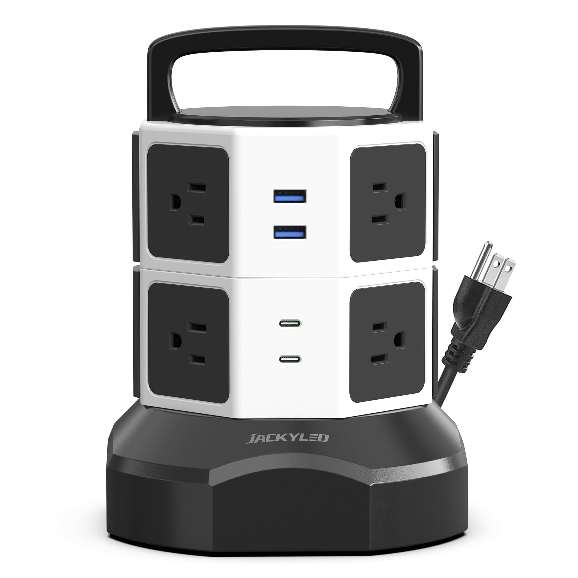 Tower Surge Protector Power Strip, JACKYLED Extension Cord with Multiple Outlets, 8 Outlets 4 USB Ports(2 USB C) 1625W/13A Retractable Cord Charging