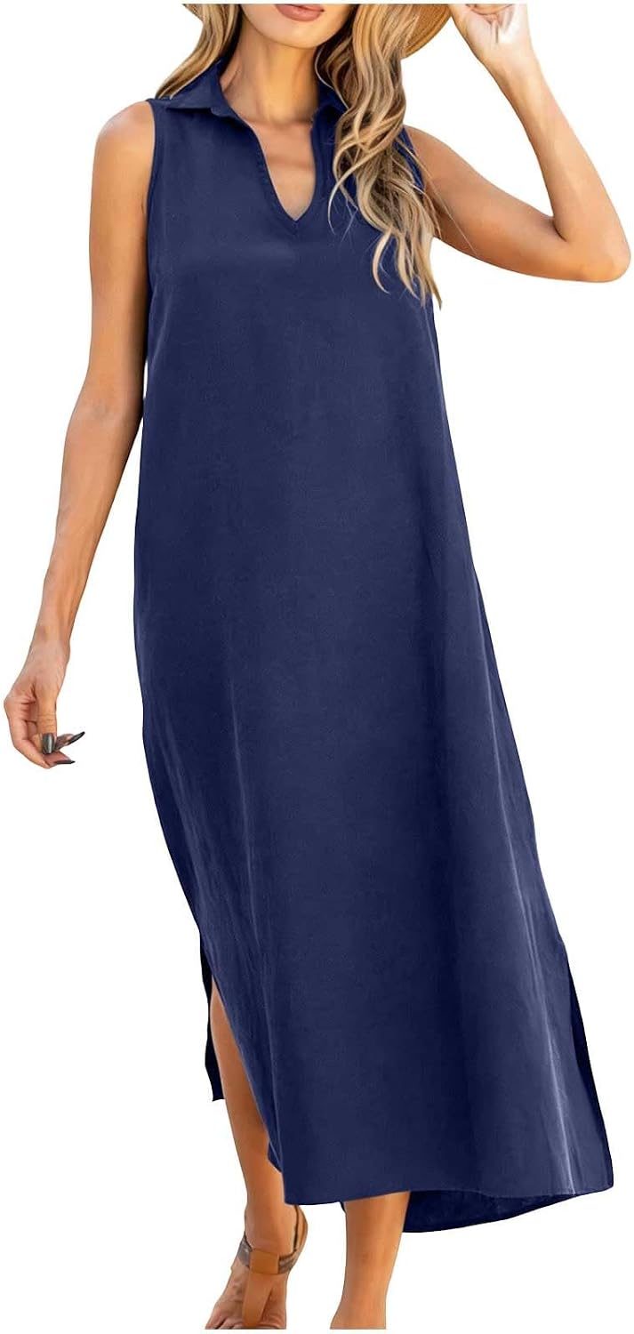 Women's Cotton Linen Midi Dress Summer Beach Vacation Lapel V Neck Loose Fit Dresses Casual Sleeveless Split Outfit