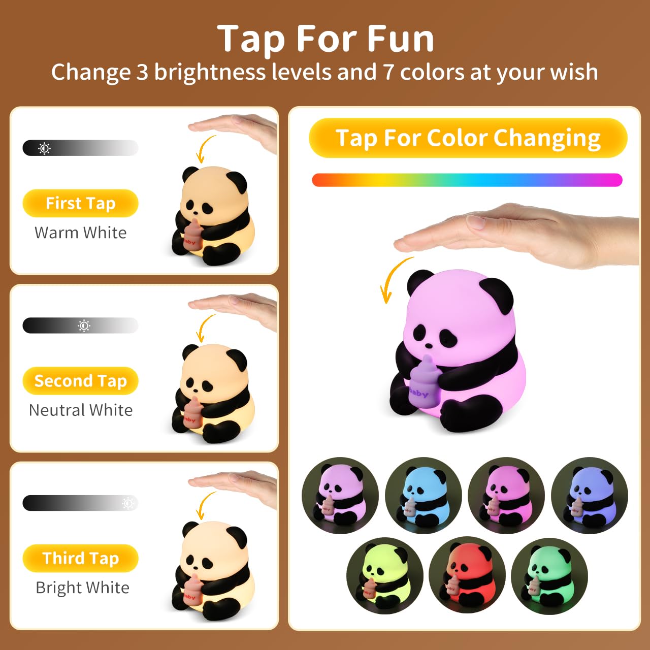 Pak Niedliches Panda-Nachtlicht, dimmbar, Touch-Steuerung, Nachtlicht für Babys, Silikon, 7 Farben, wiederaufladbar, Schreibtischlicht, Hasen-Wecker, Geschenk für Kinder, Mädchen, Jungen, Liebhaber