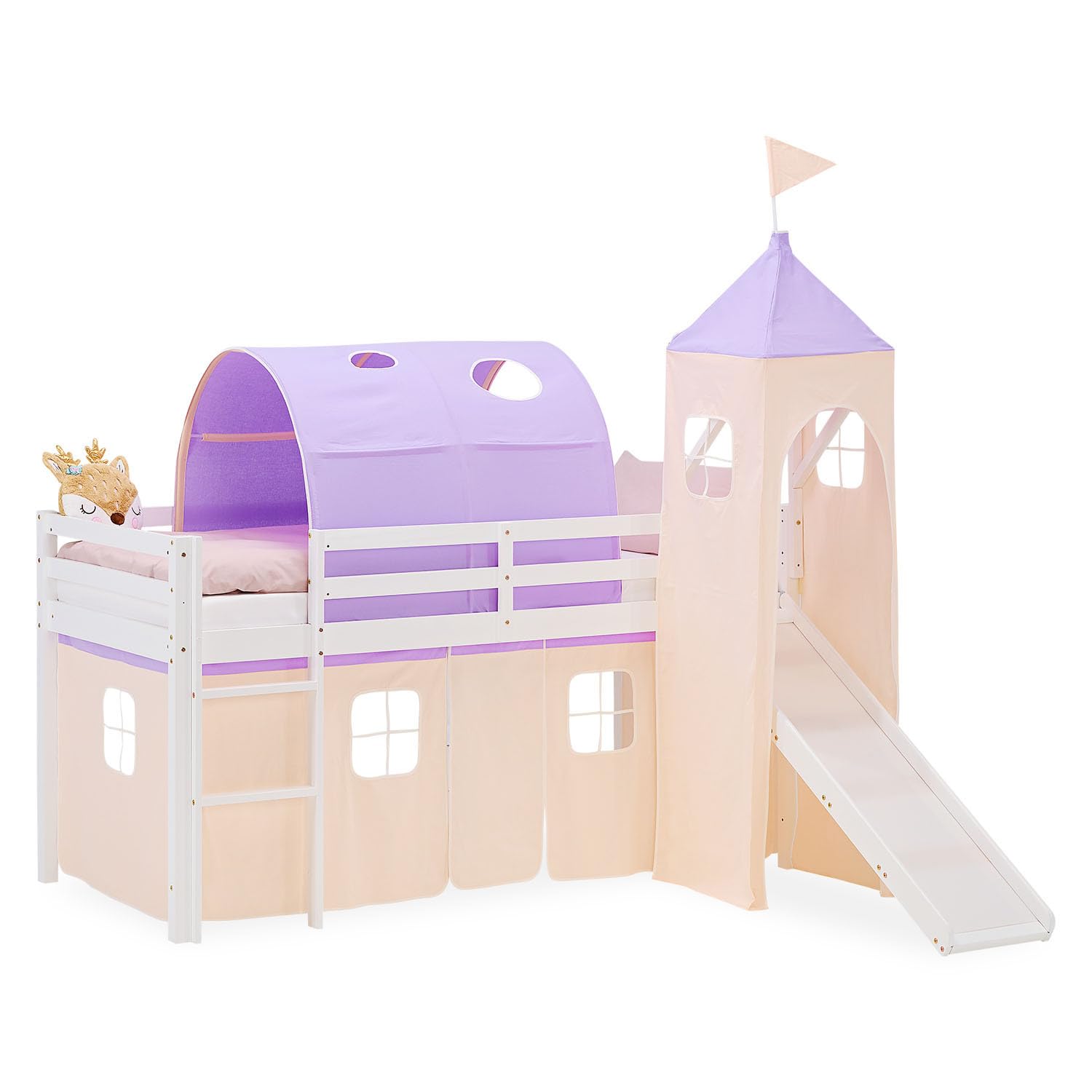 Homestyle4u Hochbett mit Rutsche 90x200 - Kinderbett mit Turm & Tunnel | Massivholz Kiefer Weiß - Inklusive Vorhang in Lila Beige - Stabiles Kinderhochbett mit Absturzsicherung - 90x200 cm