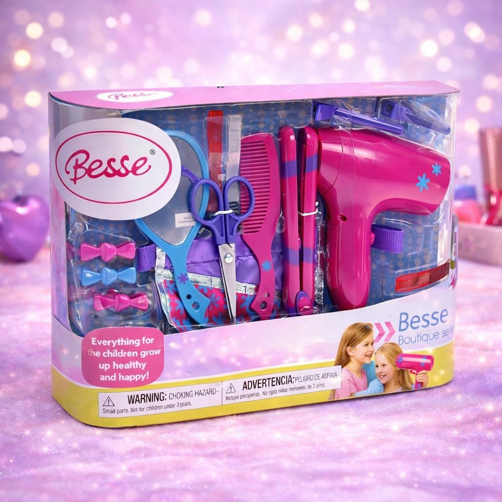 Beauty Hair Stylist Set - Boutique Beauty Salon Fashion Pretend Play Set for Girls with Toy Blow Dryer, Curler, Scissors, Comb, Mirror & Other Styling Tools