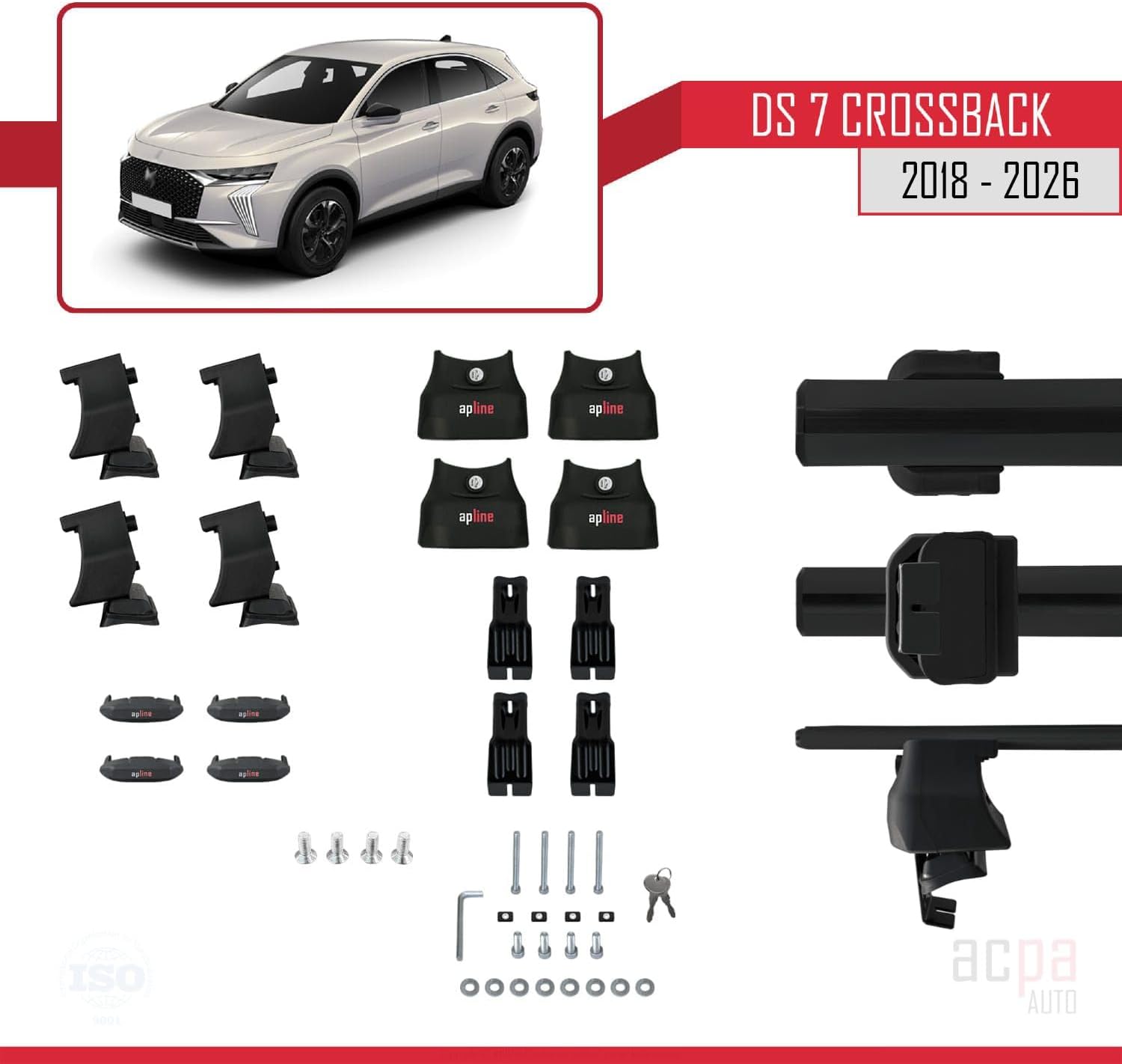 Compatible with DS 7 Crossback 2018-2026 ACE-4 Car Roof Rack Cross Bar Black Aluminium 2 Bars