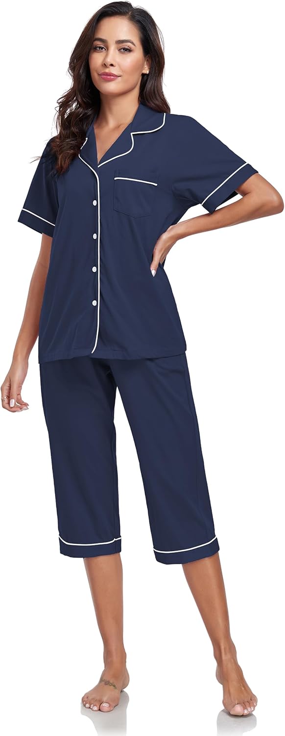 ANLIQI Womens 100% Cotton Capri Pajama Sets Short Sleeve Button Down Top & 3/4 Pants 2 Piece Pjs Sleepwear with Pockets - Image 2