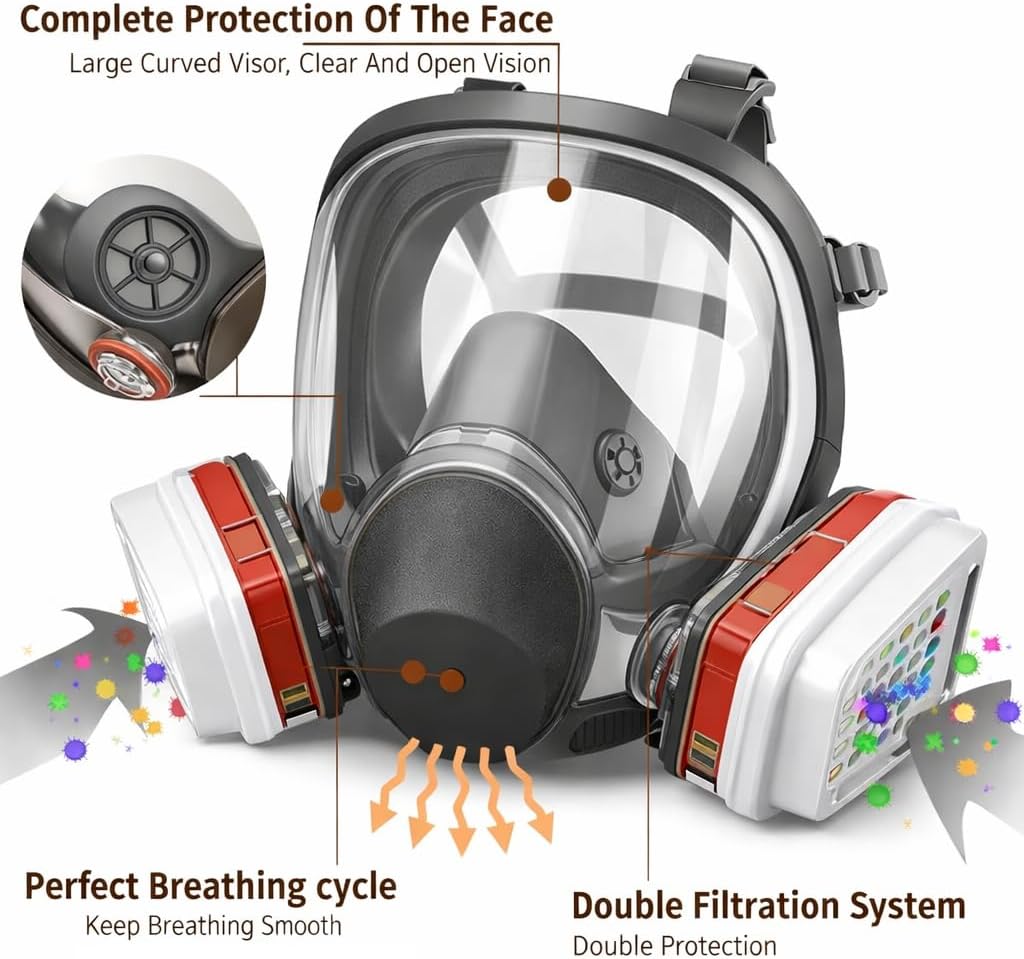 Avenor Reusable Full Face Paint Mask with Replaceable Filters, Dual Cartridge Filter System for Organic Vapor & Dust, Face Shield for Spray Painting, Sanding, Woodworking, Chemicals