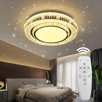 Crystal Flush Mount LED Ceiling Light,45W 18.9Inches, Warm White/Day Light/ Cool White Adjustable Ceiling Lamp with Remote Control,Dimmable Round Lighting Suitable for Bedroom, Living Room, Office
