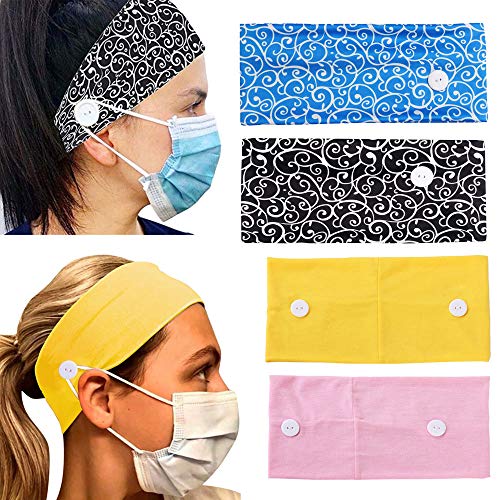 fani 4Pcs Button Headband Protect Ears for Nurses Doctors and Everyone Wearing, Solid Colors and Pattern, Yoga Sports Hair Accessories, Men&Women (Black, Blue, Pink, Yellow)