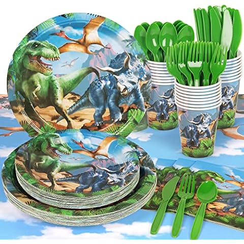 DECORLIFE 169PCS Dinosaur Party Supplies Serve 24 with Tablecloth, Dinosaur Birthday Decorations for Boys Includes Dinosaur Plates, Napkins, Cups and Cutlery Set Cover