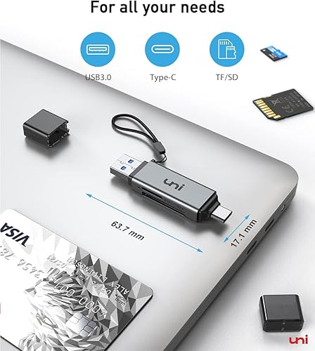 Vista 7 de uni Lector de tarjetas SD, adaptador de tarjeta USB C a Micro SD de alta velocidad USB 3.0 ranuras duales, lector de tarjetas de memoria para Gris