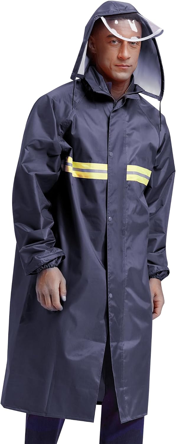 FEESHOW Men's Lightweight Waterproof Classic Raincoat Long Rain Jacket Knee Length Rain Poncho