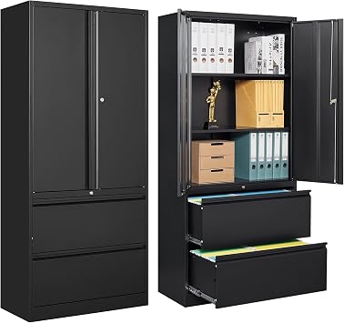 STANI 2 Drawer Lateral File Cabinet - Metal Storage Cabinet with Locking Drawers for Letter/A4 Size Files Black