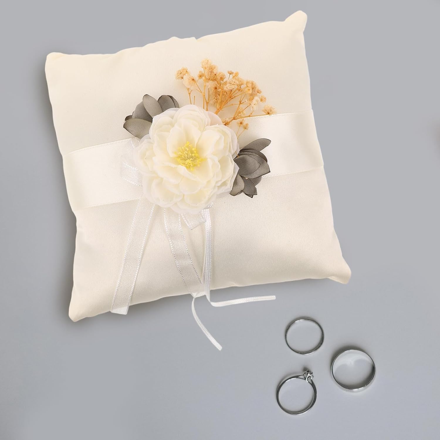 Wedding Ring Pillow and Ring Bearer Cushion White Fabric for Wedding Ceremony and Bridal Photography Decorative with Soft Plush Surface