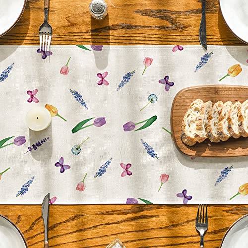 Artoid Mode Lavender Tulip Spring Table Runner, Summer Seasonal Anniversary Holiday Kitchen Dining Table Decoration For Indoor Outdoor Home Party Decor 13 X 72 Inch #TOP2