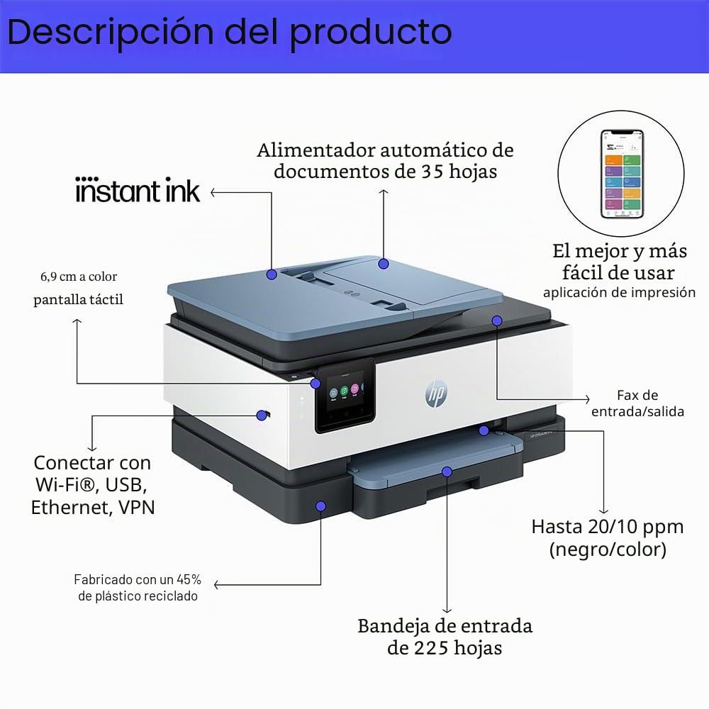 HP OfficeJet Pro 8135e 40Q47B, Impresora multifunción de inyección de Tinta A4 a Color, a Doble Cara automática, 20 ppm, Wi-Fi, Smart, 3 Meses de Tinta instantánea incluida, Gris