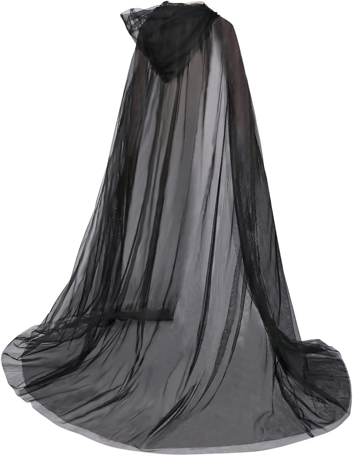 1 Pcs Tulle Cloak with Hood, 59 Inches Hooded Tulle Cape with Long Train for Adults, Black Sheer Cape for Women for Men, Bride Ghost Cloak for Halloween Wedding Cosplay Party