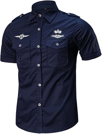 Minishion Mens Army Classic 100% Cotton Slim Fit Summer Button Down Shirts
