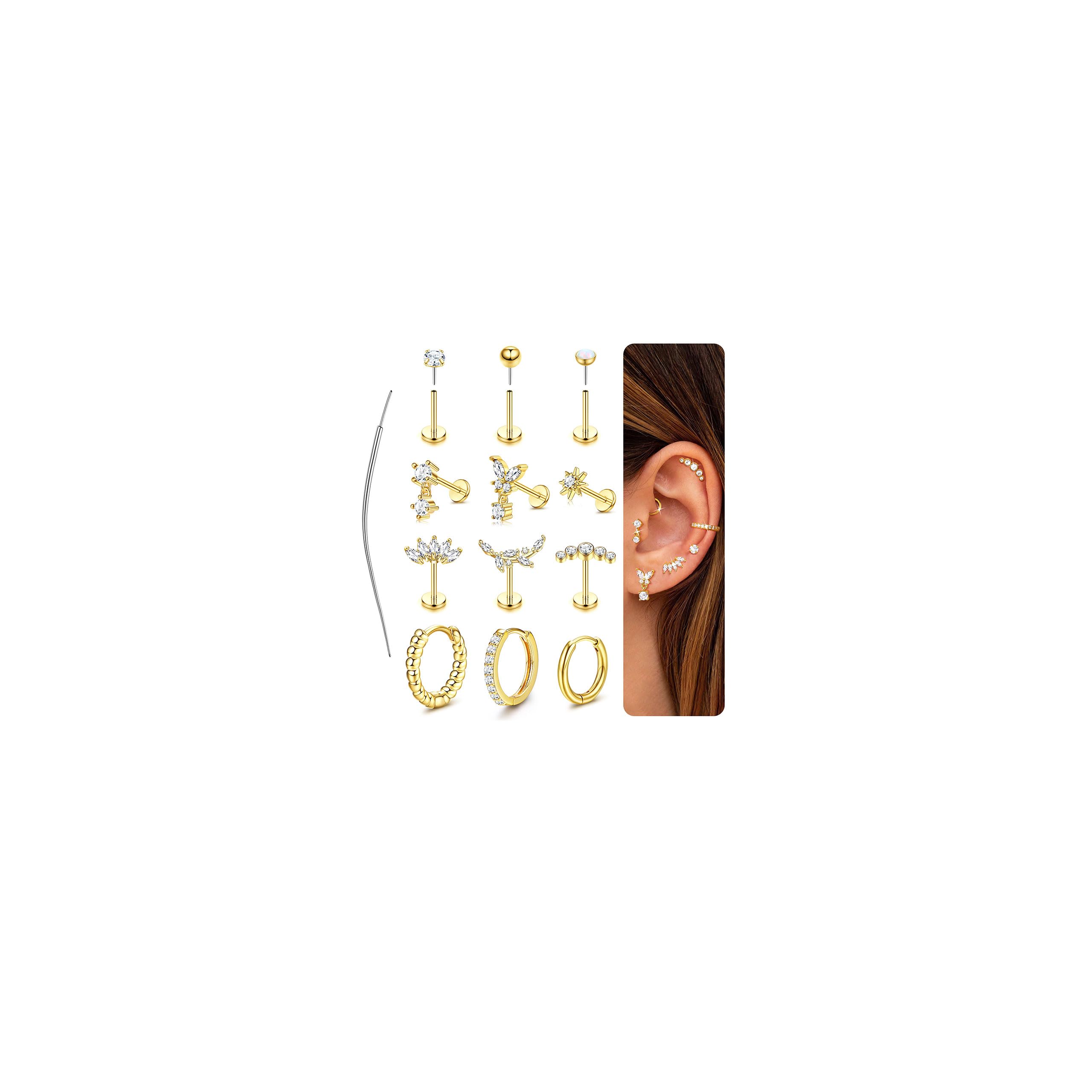 GXNRHG Biżuteria do piercingu Helix Zestaw do przekłuwania tragusa ze stali chirurgicznej Bezgwintowy wciskany płaski tył Labret Kolczyki do nosa Kolczyki na chrząstkę Obręcze Srebrna złota muszla