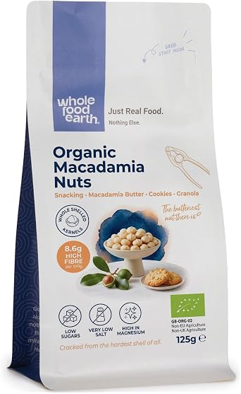 Wholefood Earth Organic Macadamia Nuts 125g Raw | GMO Free | Vegan | High Fibre | Certified Organic