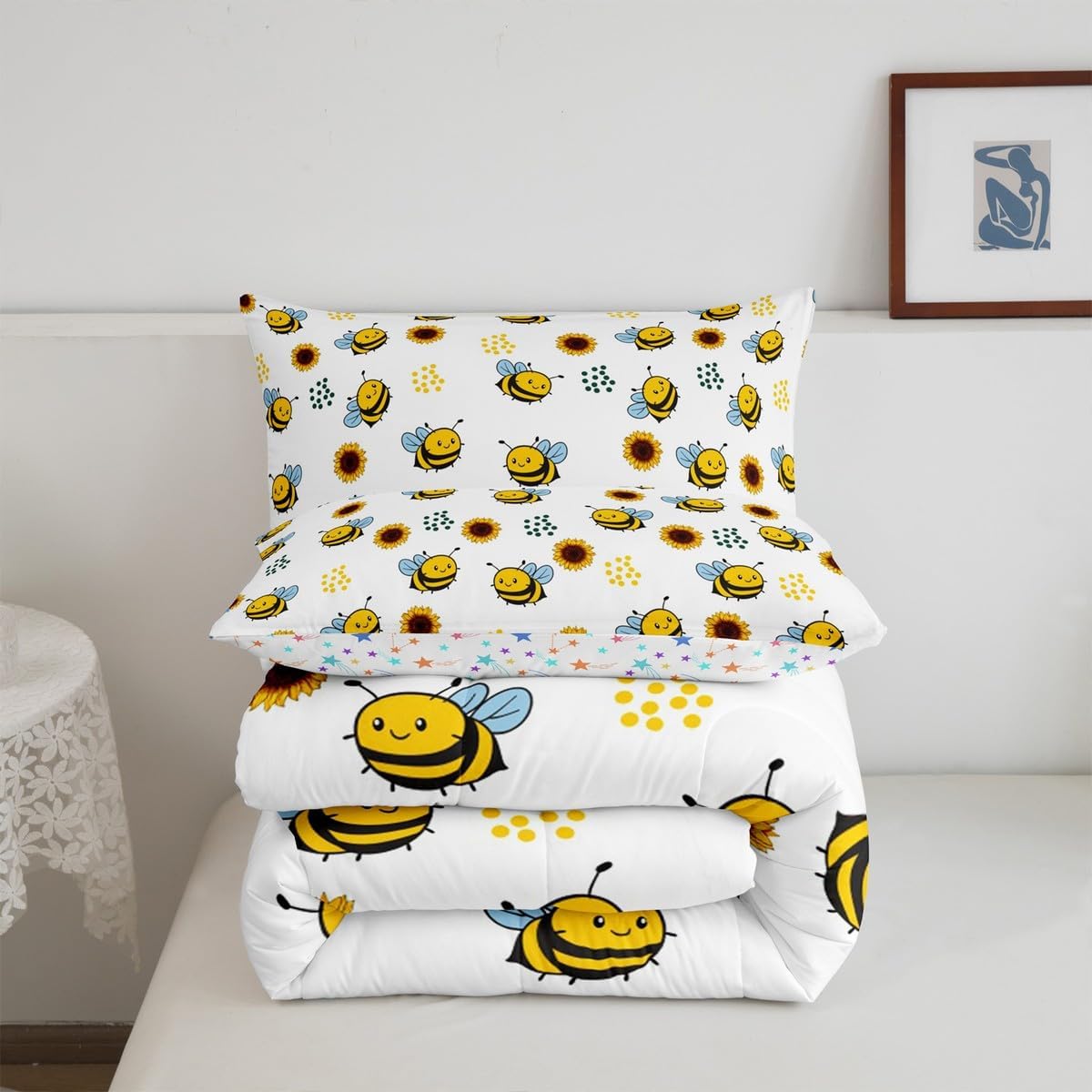 Feelyou Cute Bee Comforter Set Twin Size Kids Garden Bee Sunflower Bedding Set for Boys Girls Floral Flowers Decor Comforter Honey Animal Duvet Set Bedroom Quilt Set