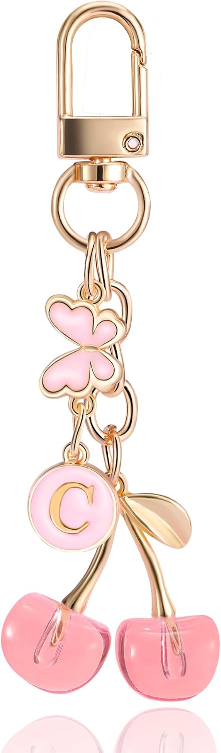 Cute Cherry Keychains for Women Girls Inital Butterfly Purse Bag