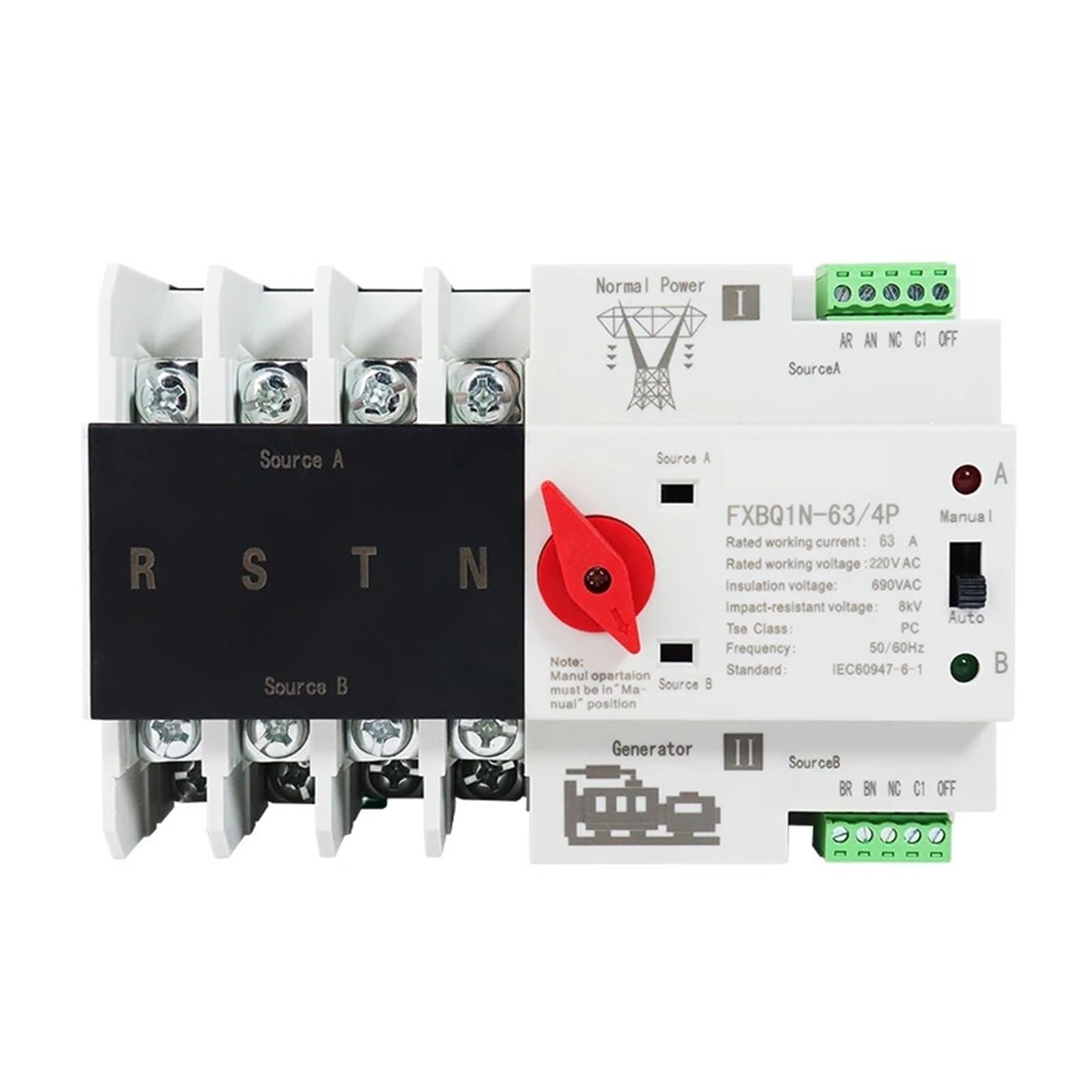 Controlador del conmutador de transferencia automá Interruptor de Transferencia Automática 4P Din Rail Doble potencia Selector interruptores generador de energía ininterrumpida 63A 100A(220V 63A)