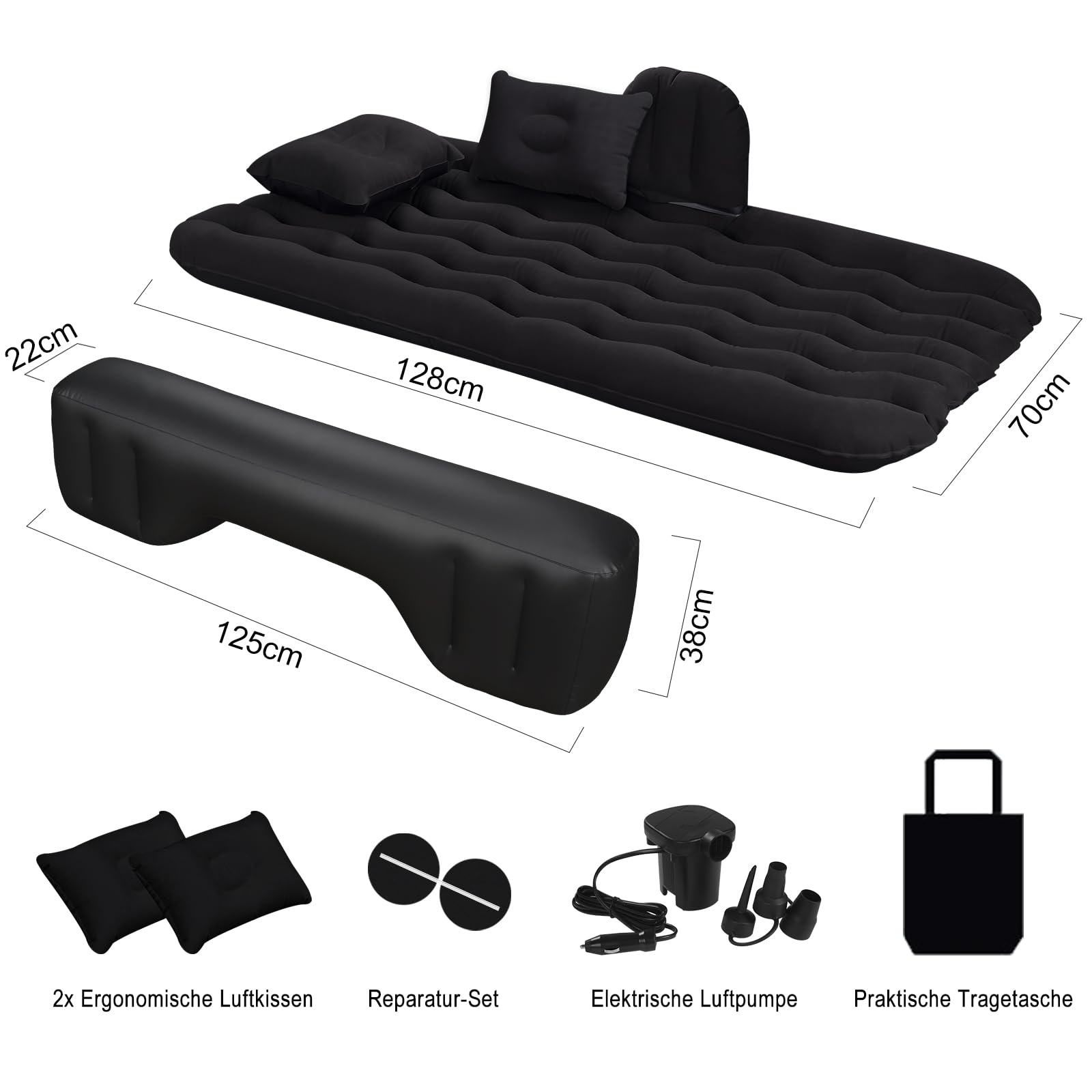 Auto Luftmatratze 128x70cm Aufblasbare Matratze für Rücksitz & Kofferraum, Tragbares Auto Reisebett inkl. 2 Kissen, Dickere Kofferraum-Matratze für Camping, Draußen und Reisen Schwarz (Schwarz)