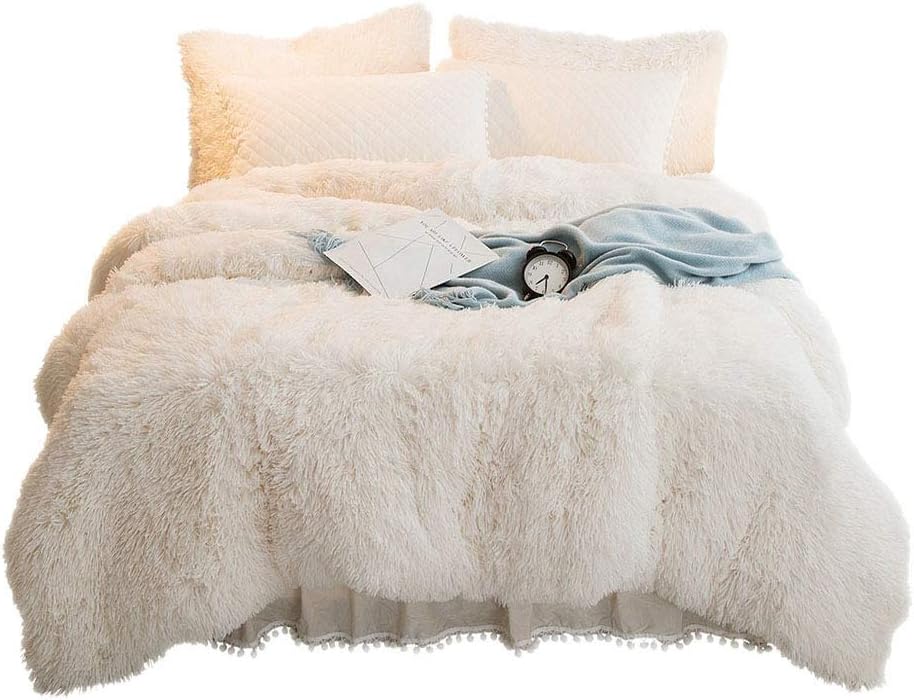 TOMENGBEIAABBCC YOUHAM Luxury Faux Fur Bedding Sets Shaggy Plush Duvet Cover Sets Crystal Velvet Reversible Quilted Pillow Shams with Pompoms Fringe, Zipper Closure (Queen, Light Beige)