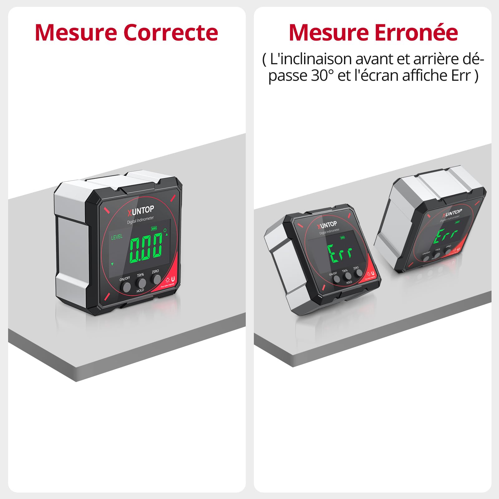 XUNTOP 4 * 90° Inclinomètre Numérique Rechargeable avec Écran LCD IP54 Mesureur d'Angle Digital avec 4 Faces Magnétiques Niveau à Bulle