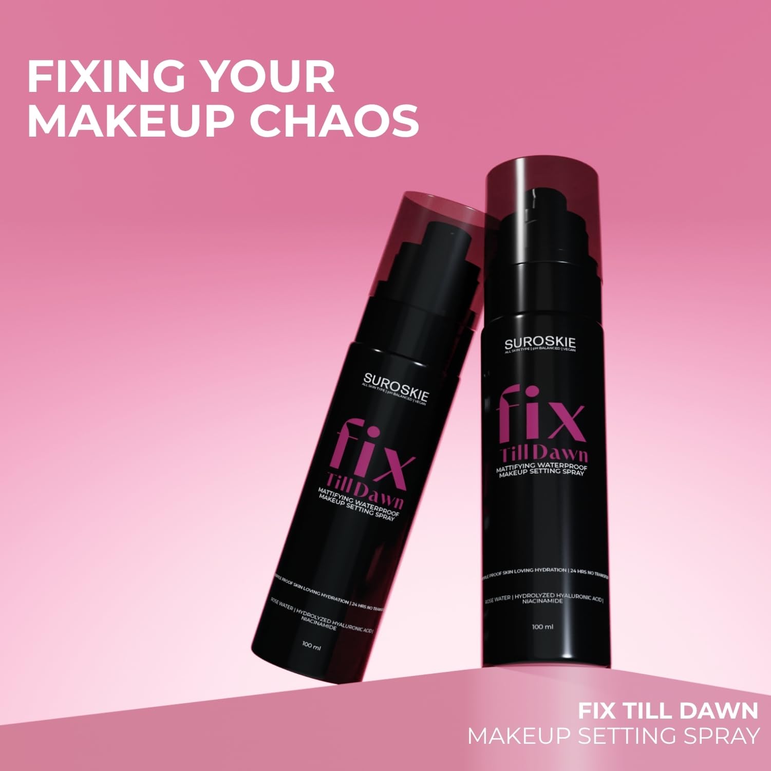Suroskis Fix Till Dawn Makeup Fixer 100ml | Long Lasting Makeup Setting Spray with Matte Finish | Niacinamide & Hyaluronic | Lasts Up to 15hrs | Non Sticky, Quick Drying & Waterproof | All Skin Types - Image 2 thumbnail