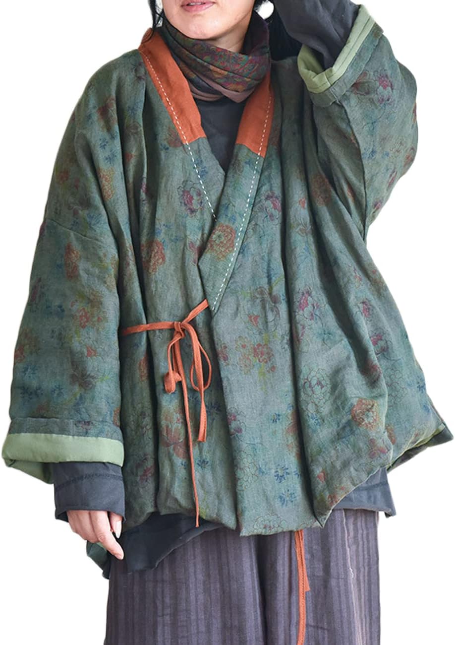 NFYM Women's Cotton Padded Short Jacket Kimono Cardigan Wrap Front Chinese Hanfu Style Printed Patchwork Loose Outwear - Image 2