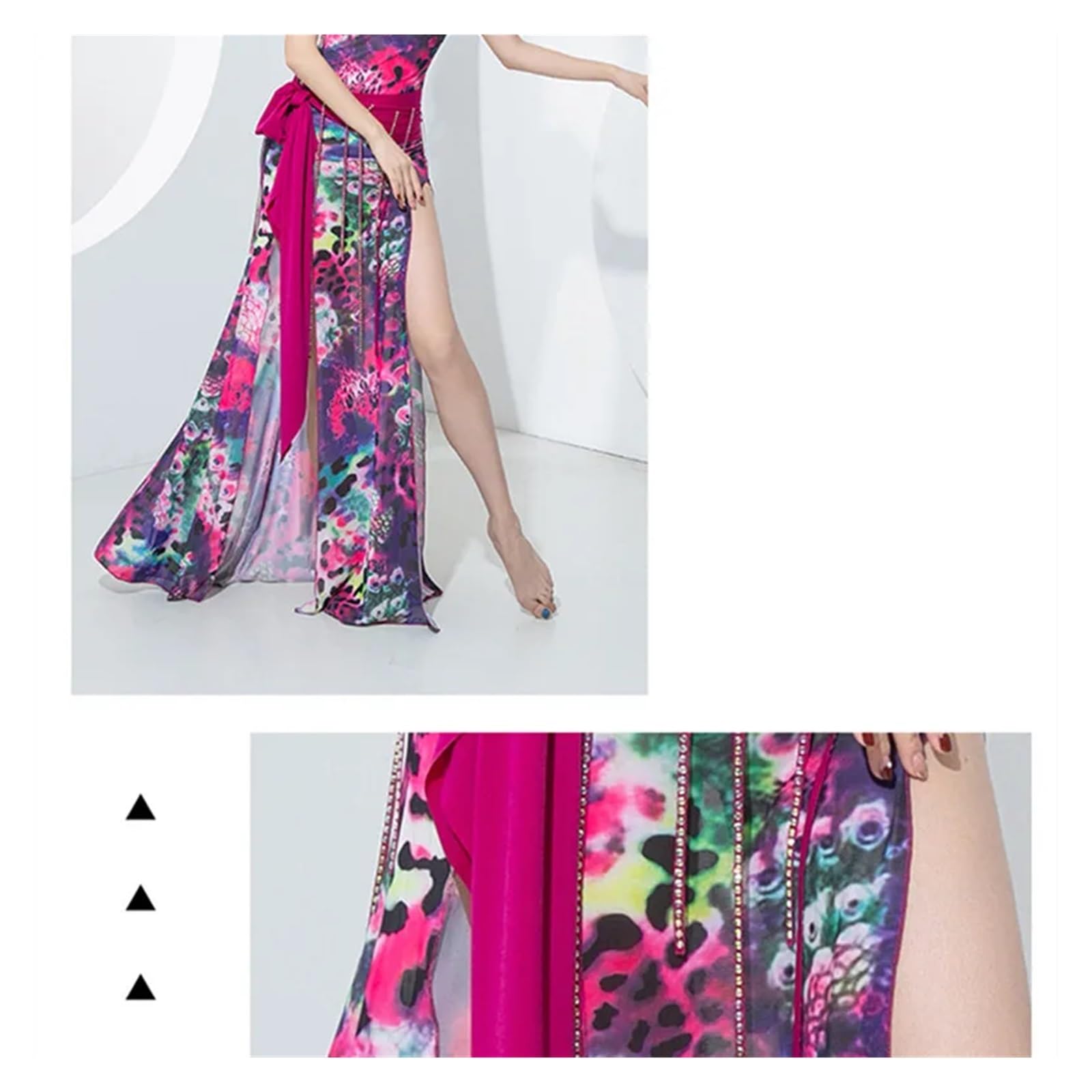 Set di Abiti Shaabi Baladi for Danza del Ventre da Donna, con Maniche Corte a Balze e Stampa, Sexy, con Spacco Laterale