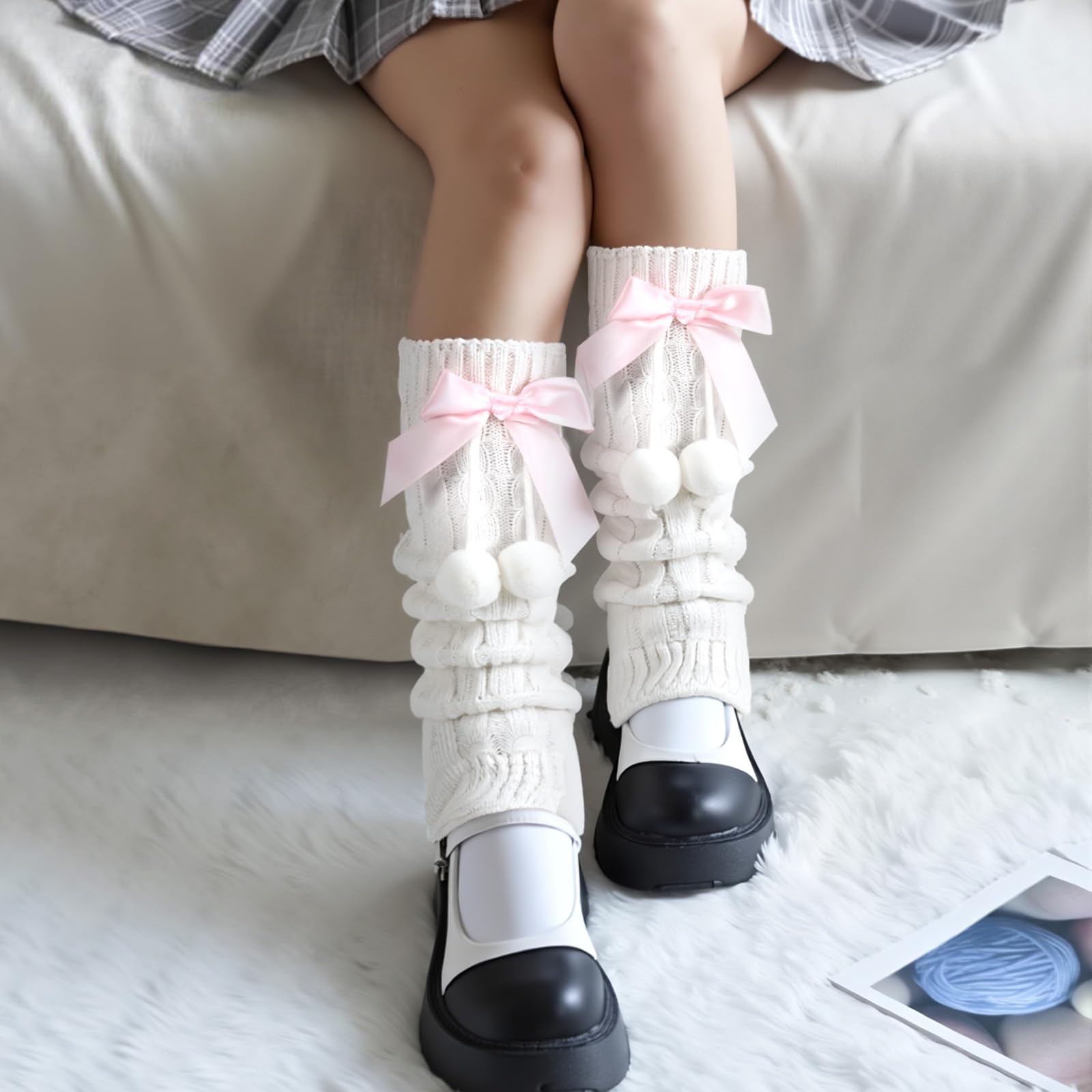 Leg Warmers z kokardką, długie ocieplacze na nogi dla kobiet, Y2K Harajuku, japoński wzór warkocza, sięgające kolan, białe ocieplacze na nogi Kawaii, nakładki na buty dla kobiet, do kostiumu