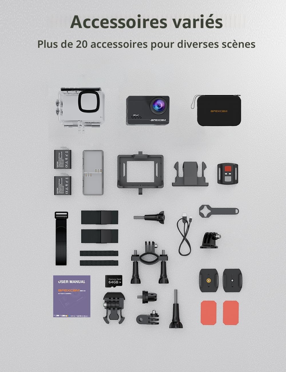 Apexcam Caméra Sport 4K 60fps Action Cam WiFi Étanche 40M Ultra HD avec 2 Batteries et Kit Accessoires