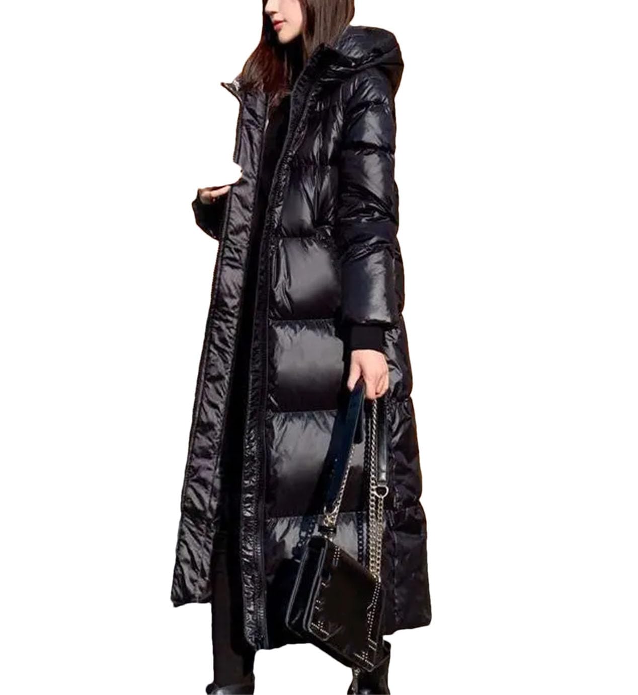 Hecatombic Doudoune Longue épaisse et Ample pour Femme Parka à Capuche Brillante Coupe-Vent imperméable Chaude Longue avec Poche et Fermeture éclair
