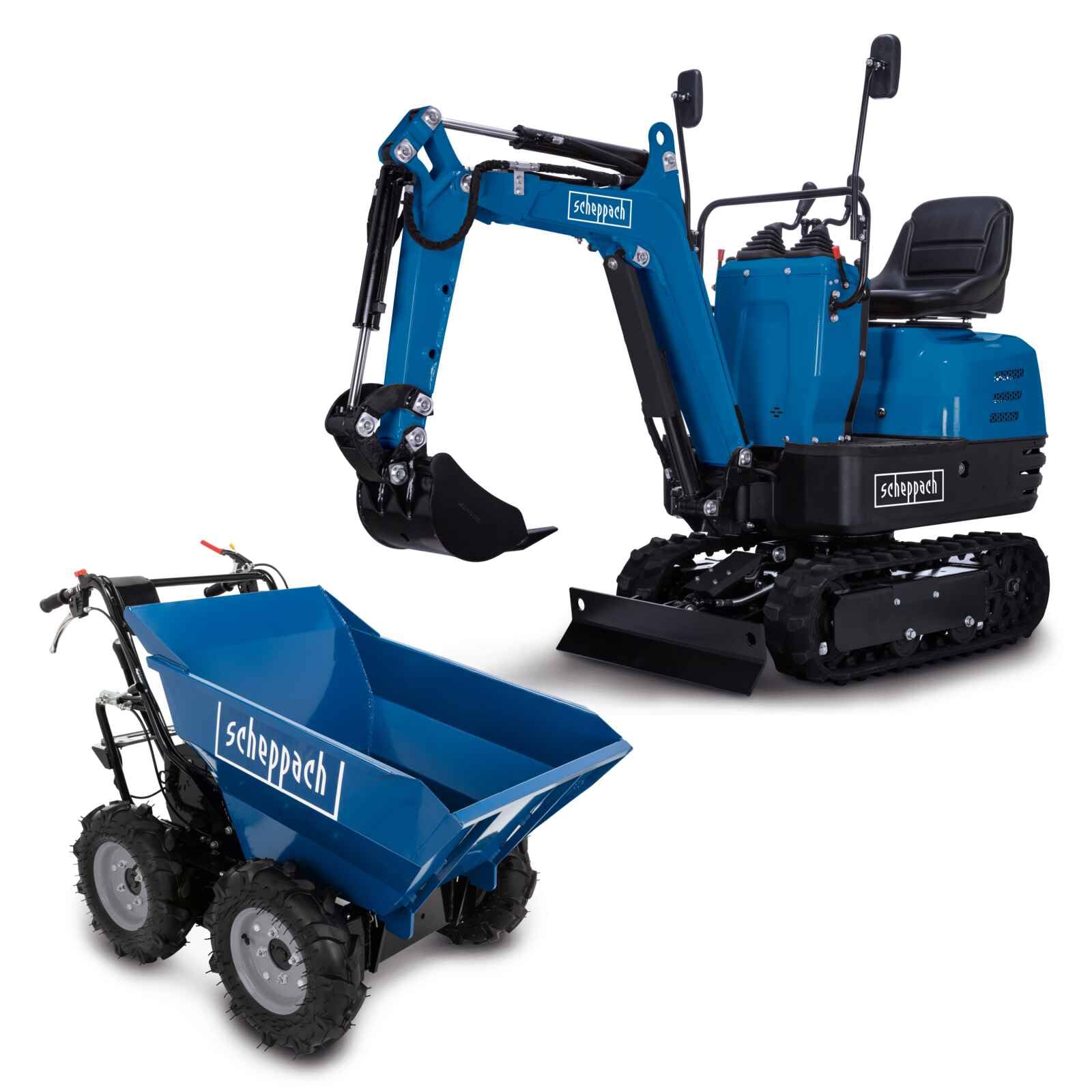 Scheppach Mini-Pelle EXC815 + Benne motorisée DP3000 - Moteur 4 Temps - Largeur du Godet 290 mm - portée 2330 mm - Volume de la Benne 125L - Charge Max 300 kg