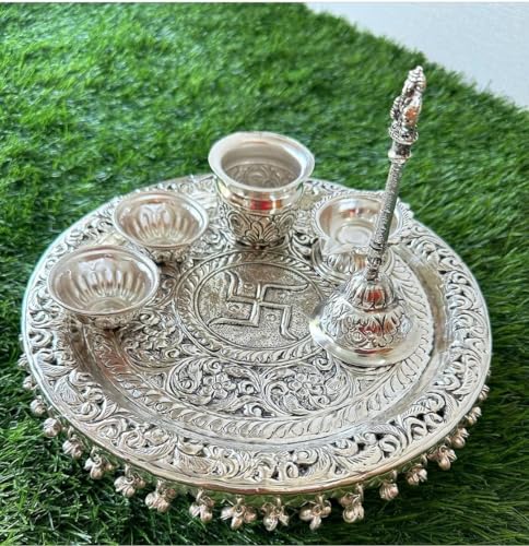 Pooja Thaali For Dewali Workship,Gifting 10" Inch Set Of 6, Silve...