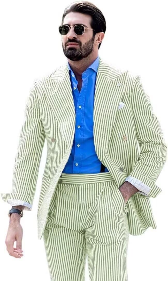 Men's Striped Seersucker Suits 2 Piece Slim Fit Wedding Tuxedo Summer Beach Leisure Suits Sets