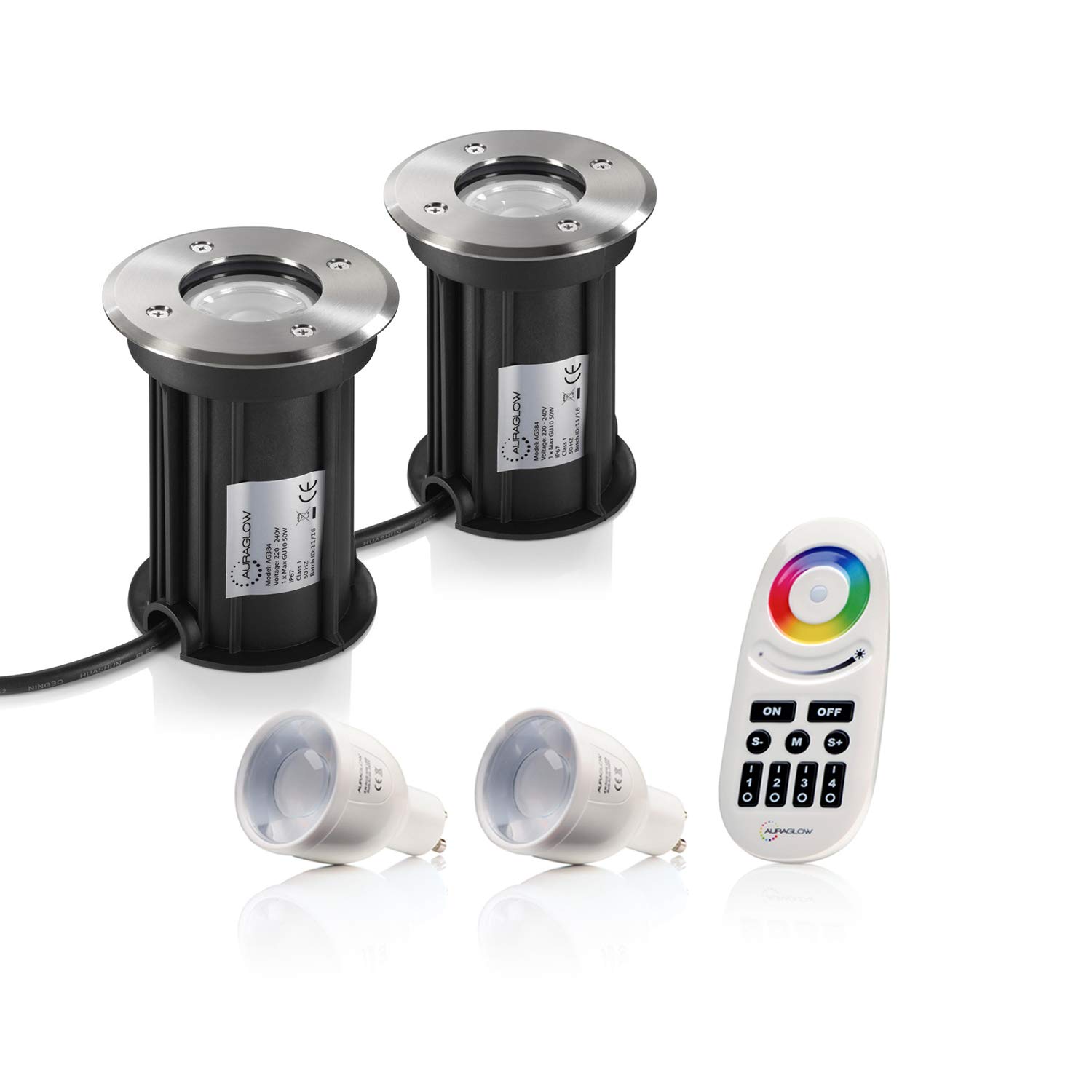 Auraglow Multi Ip67 Recessed Gu10 Holder Ground Light - Outdoor Garden Patio Path Deck - Rf Remote Control Colour Changing Led Light Bulb Bundle - Twin Pack