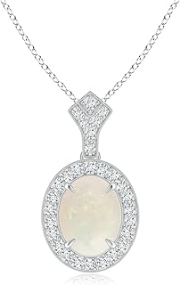 Angara Natural Milgrain-Edged Oval Opal and Diamond Halo Pendant/Necklace in 14K Solid Gold/Platinum for Women | October B...