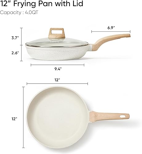 Miniatura 2 de CAROTE Sartén antiadherente de 12 pulgadas con tapa, sartenes antiadherentes de granito blanco, utensilios de cocina de granito, sin PFOS ni PFOA