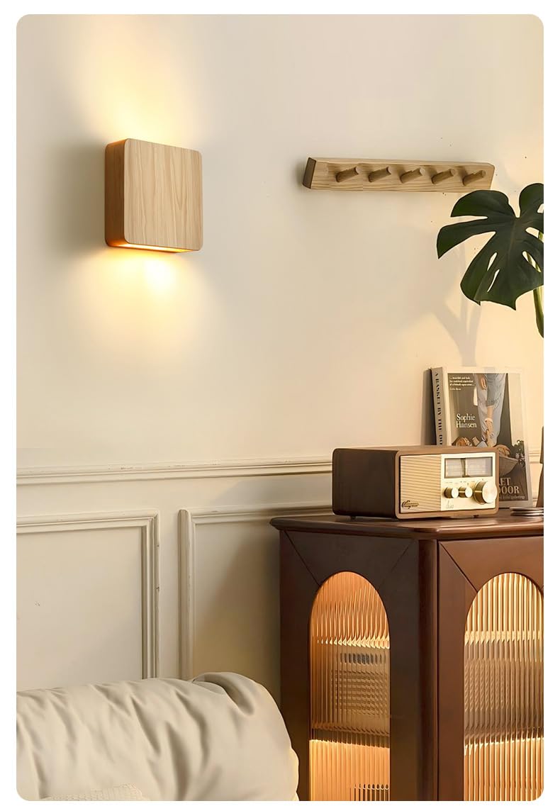 LED Wandleuchte Holz Eckig Design Modern Minimalistisch Wandlampe für Wohnzimmer Schlafzimmer Flur Treppenhaus Diele Lampe G4 Leuchte Leuchtet nach oben und unten (Holzfarbe, 16cm, Warmweiß 3000K)