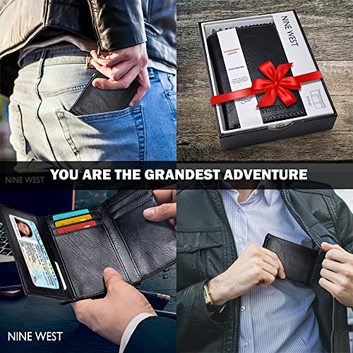Nine West Vegan Leather Trifold Wallets For Men - Cruelty Free Recycled Leather Mens Wallet With ID Window Gifts For Men, Two Tone Black2