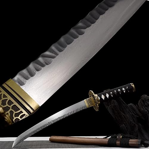 HERO SWORD Cuchilla hecha a mano con patrón de martillo de acero de damasco, tanto afilada, samurái japonés, espada corta, cuchillo dragón, arma real