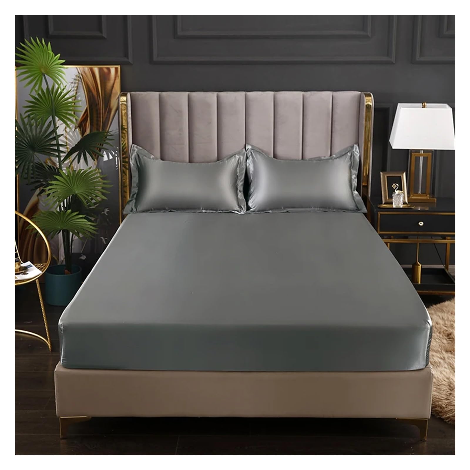 Drap-housse en soie glacée argent 150x200x25cm pour lit double avec bande élastique