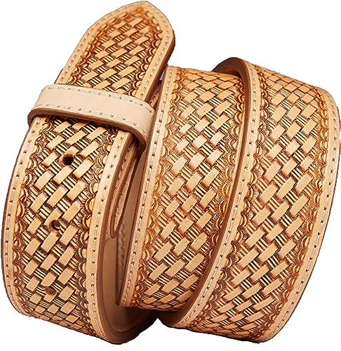 Tito's Custom Buckles JAYTON Hand-tooled Full-grain saddle leather lined Belt Western Basket Weave