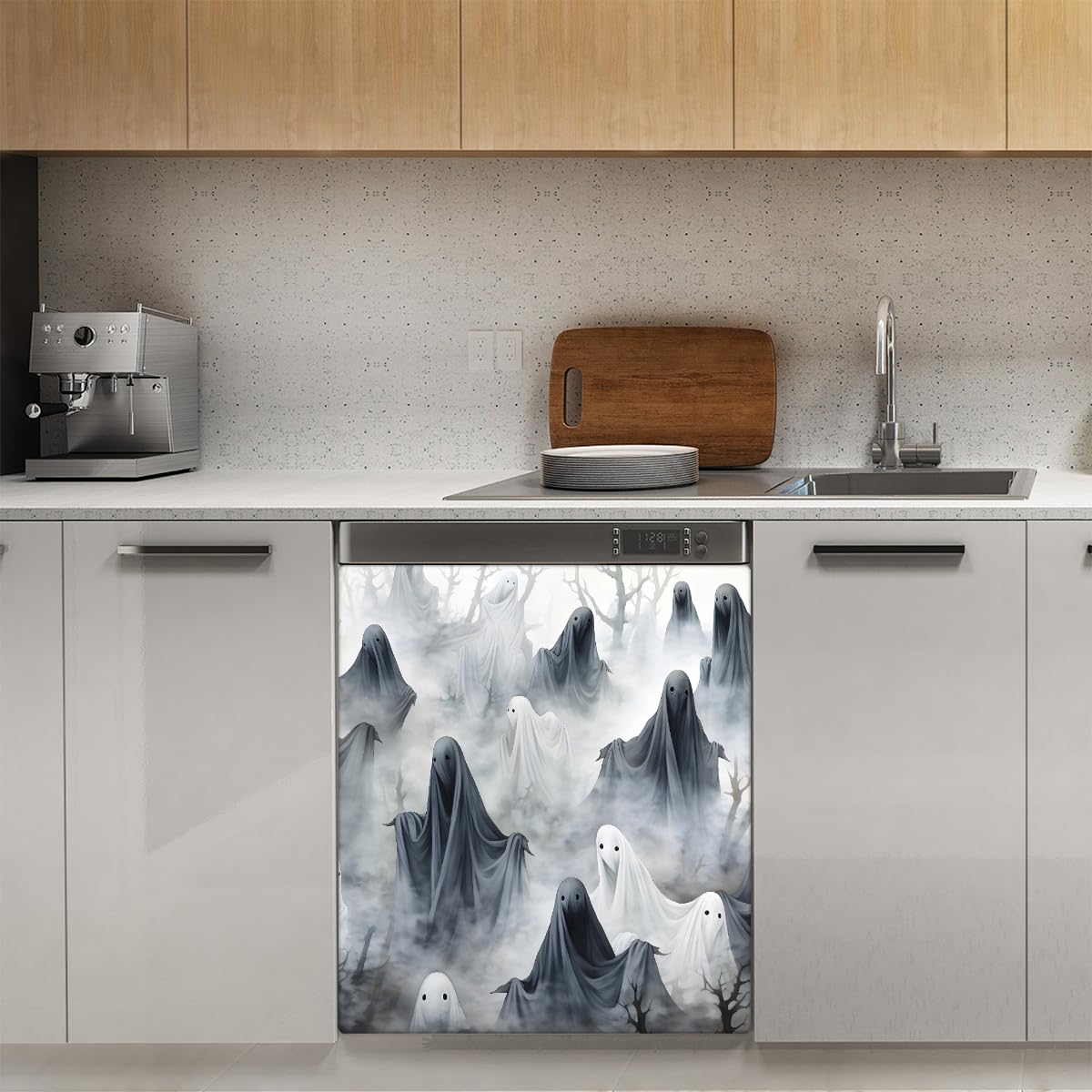 Mexpekil Adesivo decorativo per lavastoviglie con fantasma orribile 53 x 66 cm, adesivo decorativo per lavapiatti per porta d'ingresso, impermeabile, per pannello elettrodomestico da cucina