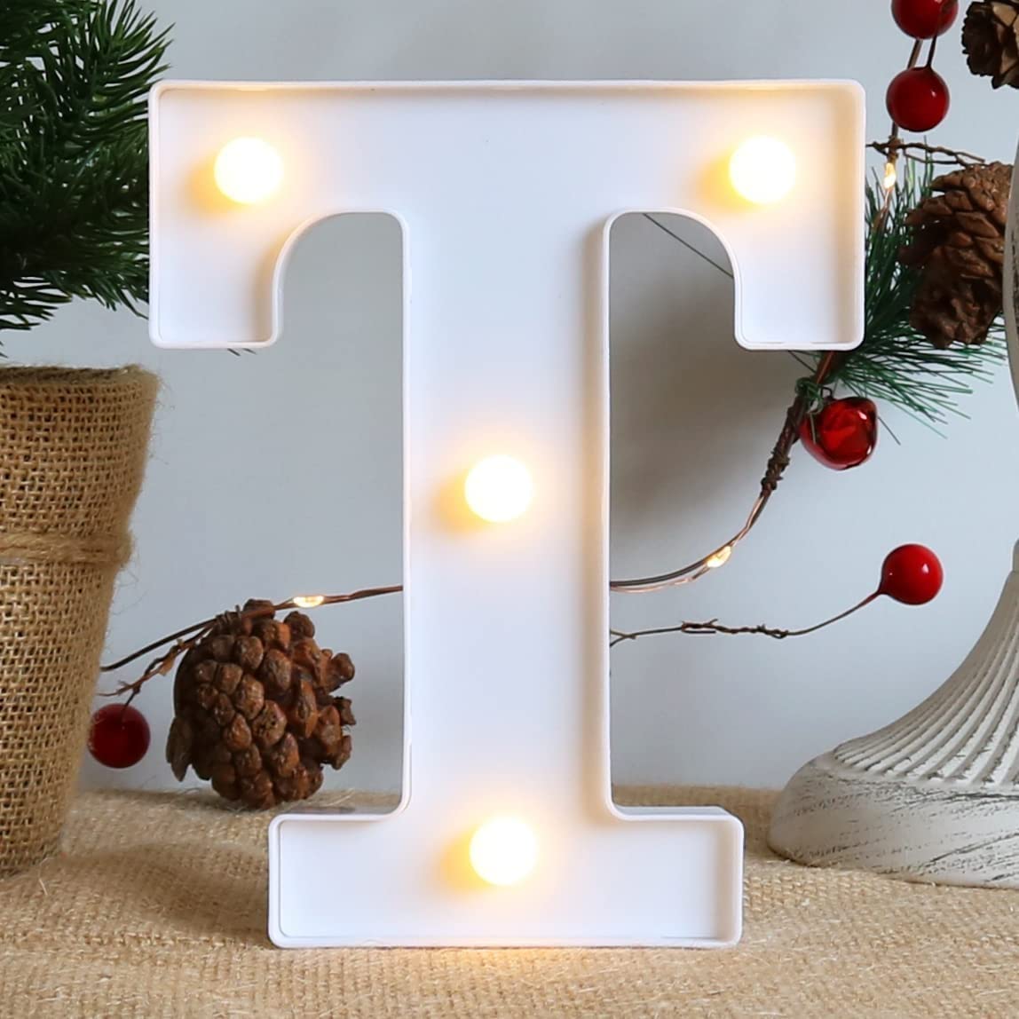 SATYAM KRAFT 1 Piece White Marquee Alphabet Shaped LED Light - Decorative Letter Lamp for Valentine’s Day, Bedroom, Wedding, Birthday, Home Decor, Romantic Gift Night and Wall Lamp (E) (Alphabet T)
