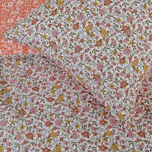Sleepdown Ditsy Flowers Multi Orange White Reverse Soft Easy Care Duvet Cover Quilt Bedding Set Pillowcase with Ties - Single (135cm x 200cm)