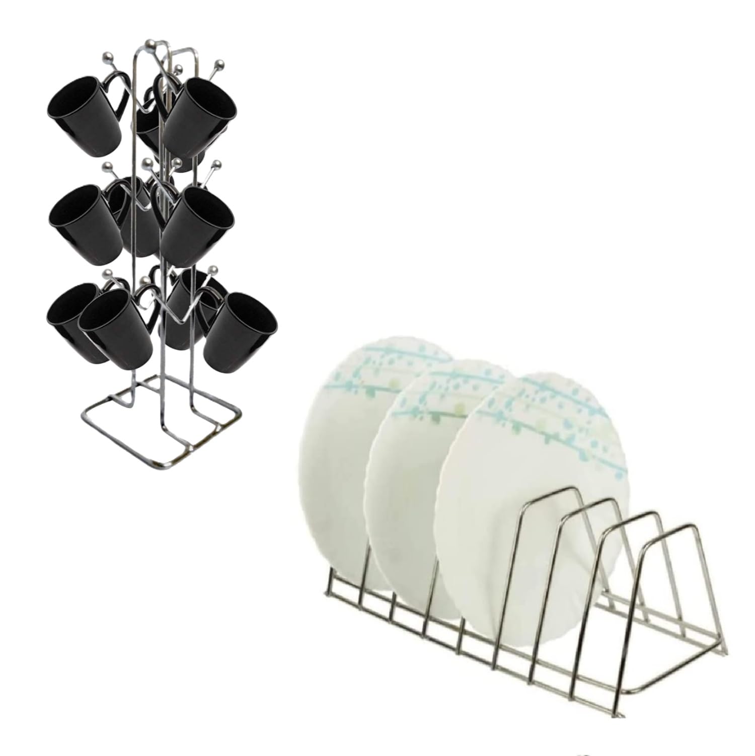 NH10 DESIGNS Stainless Steel Cup Stand for Kitchen, Coffee and Tea Mug Holder, Dinning Table Cup Stand with Combo Plate Stand/Utensil Countertop Rack for Cabinet Hanging Shelves (Pack of 2)(NHSP)