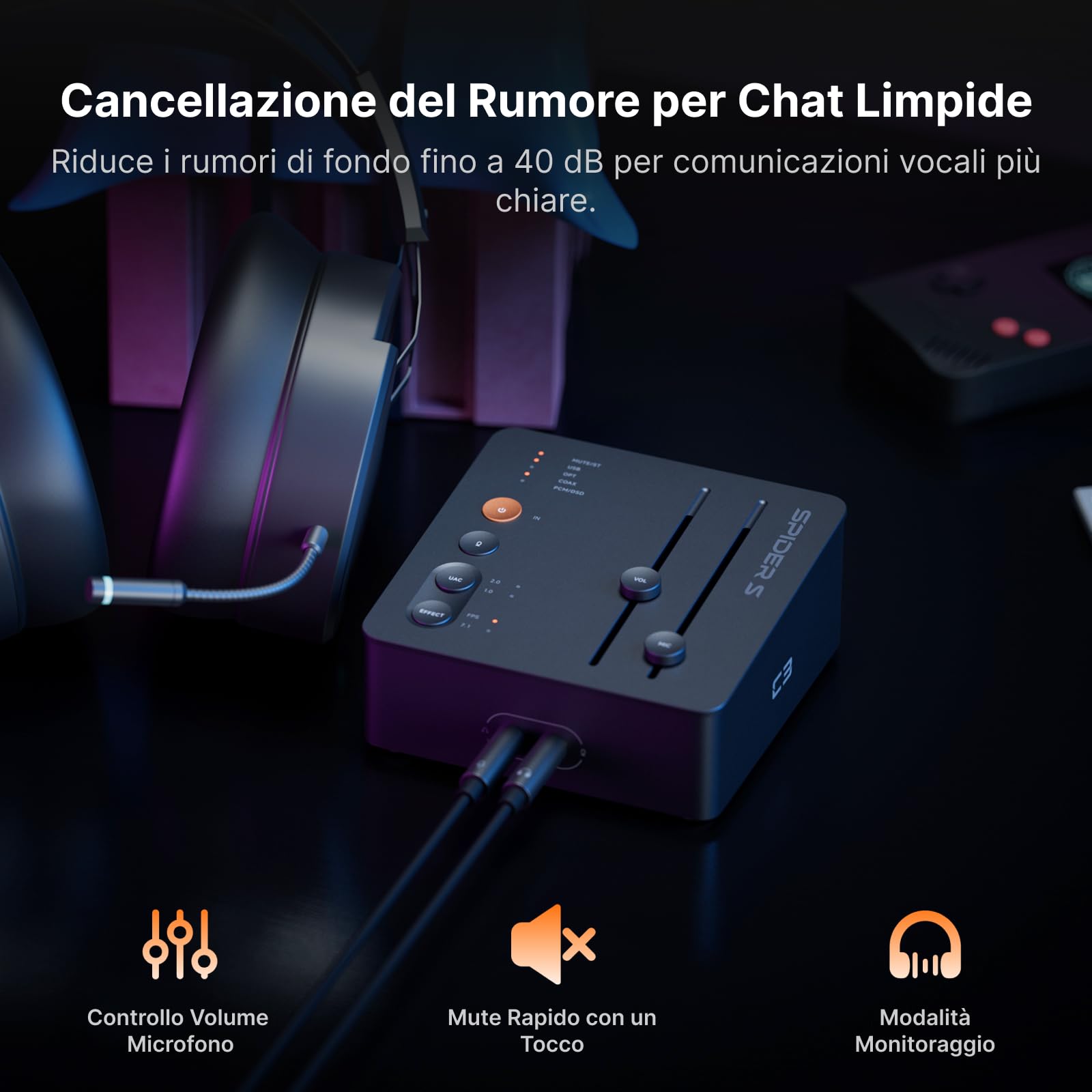 Fosi Audio C3 Scheda Audio USB PC, Gaming DAC con Audio Surround 7.1, Scheda Audio Esterna con XMOS XU316 e CS43131, Microfono Noise Cancelling per FPS, PS5, Switch, Laptop, Mac, Nero