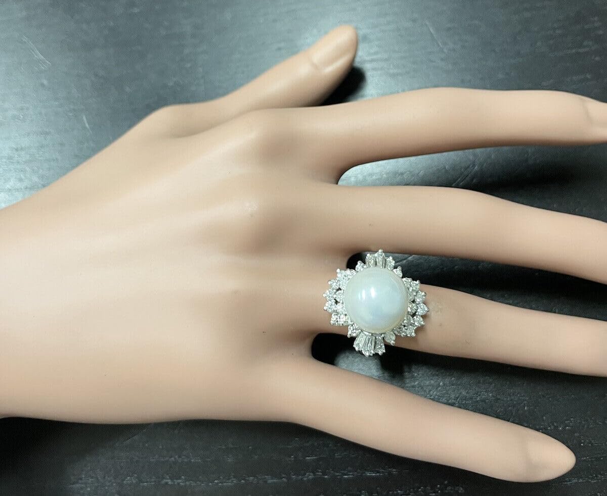 Splendid Natural 13mm Cultured Pearl and Diamond 14K Solid White Gold Ring